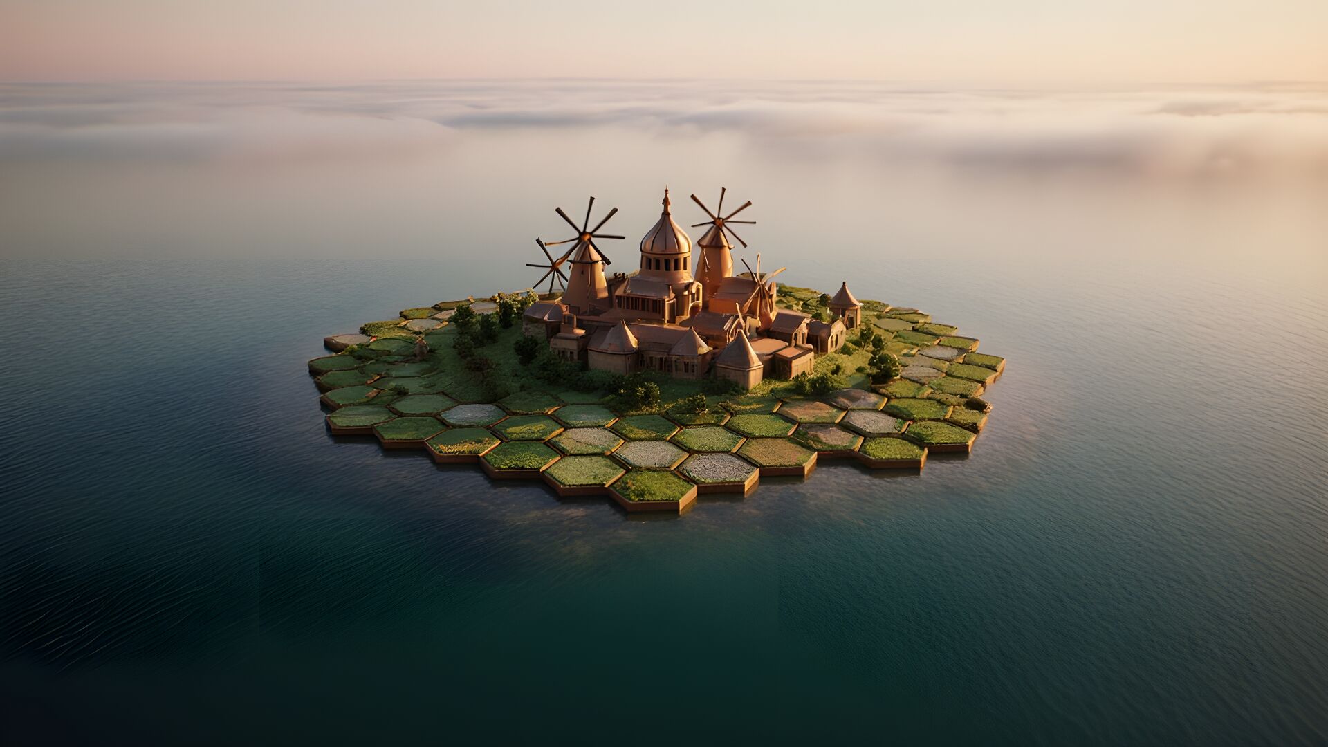 Die Hex-Insel von Wabenfeld in der Abenddämmerung — Mühlen und Kupferkuppeln auf geprägten Waben